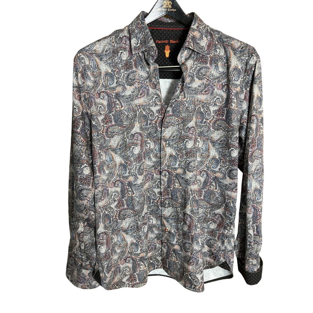 Visconti Black Paisley Button-Down Shirt Men's M Gray Multicolor Designer